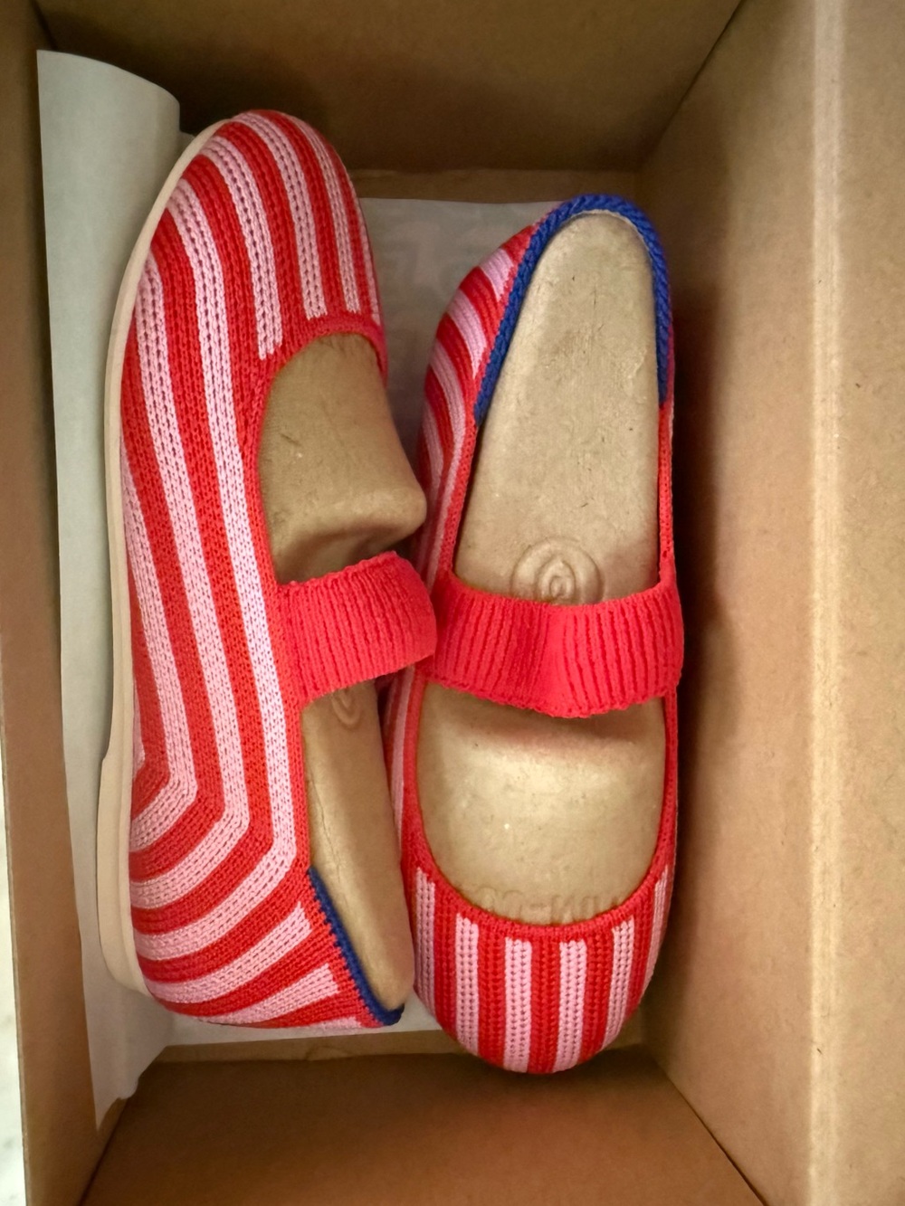 Rothy's Girls Red and Pink Striped Mary Jane Knit Shoe
